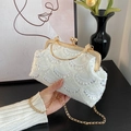 Elegant white sequin evening bag with vintage gold floral metal frame and chain strap - White