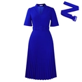 Short sleeve royal blue pleated V-neck dress with a matching waist belt for women - S / Royal Blue