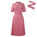 Short sleeve V-neck pleated high waist dress in coral pink with matching belt - S / Pink