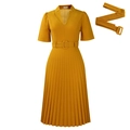 Elegant short sleeve mustard yellow pleated dress with V-neck and matching buckled belt - S / Earthy Yellow