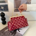 Borsa da sera in seta rossa con paillettes a squame dorate e cristalli di strass - Rosso