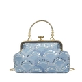 Light blue sequined crossbody bag with lace details and gold bead handle - Blue