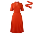 Short sleeve V-neck pleated high waist dress in bright orange with matching belt - S / Orange