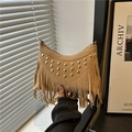 Retro camel suede crescent hobo bag with gold rivets and long fringe tassels - Khaki