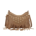 Western-Satteltasche im Retro-Stil mit goldenen Nieten und langen Fransen auf Weiß - Khaki