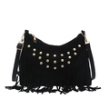 Schwarze Wildleder-Fransentasche im Retro-Stil mit goldenen Nieten und langen Quasten - Schwarz