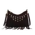 Dark brown suede shoulder bag featuring gold rivets and long decorative tassels - Coffee