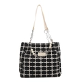 Women's black and white checkered canvas tote bag with pearl chain and leather handles - Black