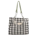 Classic black and white checkered tweed tote bag with light green leather straps - Green
