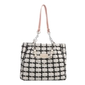 Large plaid tweed tote bag with pink leather straps and pearl chain accessory - Pink