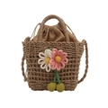 Handmade woven straw beach bag with crochet floral accents and a secure drawstring liner - Khaki with Pendant