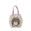 Cute Korean knit bucket bag with cartoon girl design and colorful woven handle - Brown-haired Girl