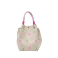 Beige knitted mini bucket bag with pink floral cherry embroidery and woven handles - Sakura Pink
