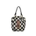 Mini checkered knit bucket bag with cute brown rabbit pattern and striped handle - Checkerboard Rabbit