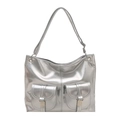 Fashionable silver metallic motor tote bag with dual front buckle pockets and sleek finish - Silver
