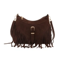 Retro dark brown frosted suede shoulder bag with long fringes and gold buckle hardware - Dark Brown