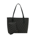 Black quilted tote bag with white stitching and matching small pouch in a two-piece set - Green