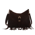 Bolso bandolera de ante marrón oscuro con flecos largos y hebilla de metal dorado - Marrón