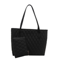 Black quilted tote bag with matching small pouch featuring classic diamond pattern - Black