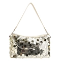 Women's chic golden sequin shoulder bag with chain strap and metallic party finish - Gold