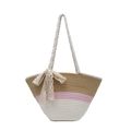 Minimalist summer woven tote bag with colorful stripes and decorative lace bow - Pink with Silk Scarf
