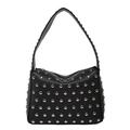 Retro black leather tote bag with silver rivets and wide strap on white background - Black