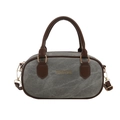 Sac bandoulière en denim lavé gris rétro avec poignées en cuir marron et détails dorés - Gris