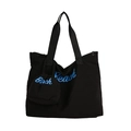 Bolso tote de lona negro con estampado Beach azul y pequeña bolsa redonda con cordón - Bolso Tote + Bolsa de Almacenamiento / Negro