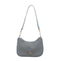 Blue woven hobo shoulder bag with golden bow hardware and leather strap on white background - Blue