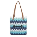 Borsa tote intrecciata a onde blu con ricamo Summer e tracolla in pelle marrone - Blu