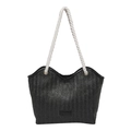Bolso tote tejido negro con asas de cuerda blanca y diseño de borde ondulado de verano - Negro
