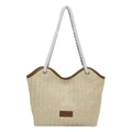 Bolso tote de paja tejida retro con ribete de cuero marrón y asas de cuerda gruesa - Marrón