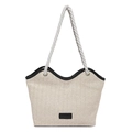 Bolso tote de paja beige retro con ribete de cuero negro y asas de cuerda gris - Negro y Blanco