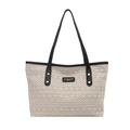 Modieuze beige kant tote bag met zwarte leren handvaten en gouden klinknagel accenten - Zwart