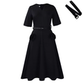 Elegant black V-neck A-line dress with short sleeves and unique 3D rose-shaped pockets - S / Black