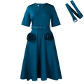 Elegant V-neck dark teal A-line dress with short sleeves and floral waist accents - S / Teal
