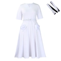 Elegant white V-neck short sleeve A-line dress with floral pocket detail and belt - S / White
