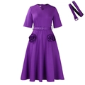 Elegant purple A-line summer dress with V-neck, short sleeves and floral pocket details - S / Purple