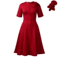 Short sleeve dark red dress with 3D flower detail and waist-defining flared silhouette - S / Burgundy