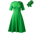 Elegant bright green short sleeve A-line dress with detachable rose brooch and buttons - S / Green