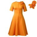 Elegant orange short sleeve A-line dress with handmade 3D floral accent and button details - S / Yellow