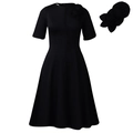 Elegant black short sleeve A-line dress featuring a 3D handmade flower brooch accessory - S / Black