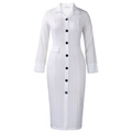 Detail of white long sleeve pencil dress featuring notch lapels and black buttons - S / White