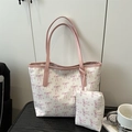 Women's cream tote bag with pink bow prints and matching zipper coin purse set - White