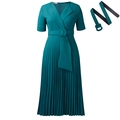 Elegant dark green short-sleeved pleated dress with V-neck and matching belt accessory - S / Green