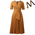 Ginger yellow V-neck pleated midi dress with matching buckled waist belt detail - S / Khaki