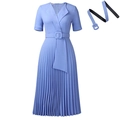 Light blue V-neck short sleeve pleated maxi dress with matching square buckle waist belt - S / Sky Blue