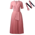 Dusty rose short sleeve pleated midi dress with V-neckline and matching square buckle belt - S / Pink