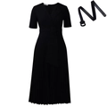 Elegant black short sleeve V-neck pleated dress featuring a high waist and matching belt - S / Black