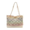 Denim tote bag with star patterns, frayed edges, and gold chain straps in gradient finish - Pentagram White